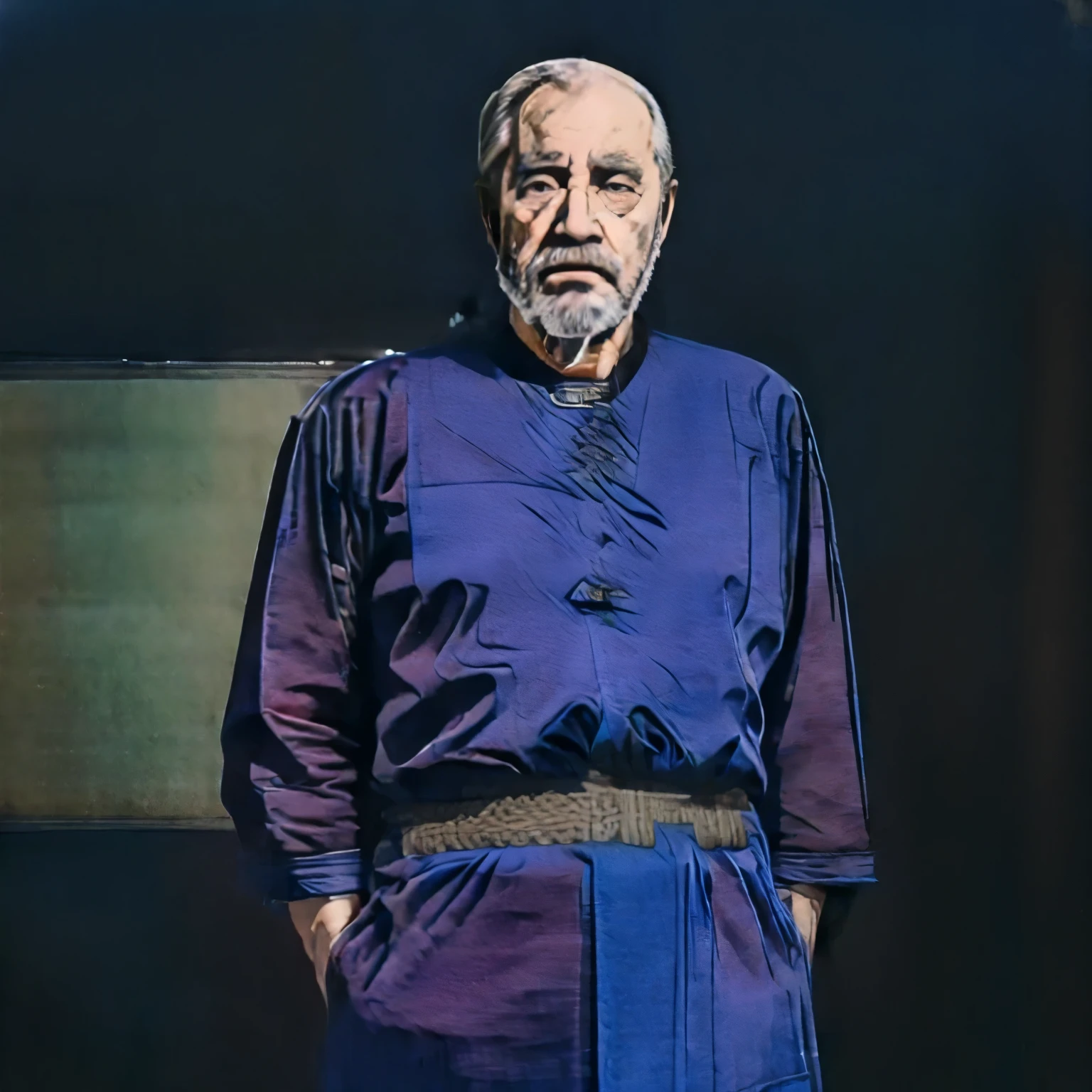 an old man with a beard,standing in a dark,Wearing a blue gown,The skin is full of wrinkles,squinting,Look over fiercely,whole body,Detailed details