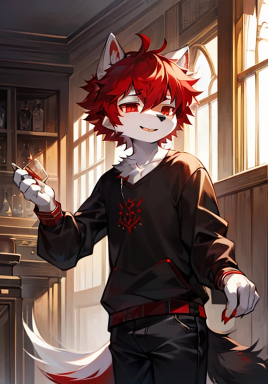 a boy, Wolf, white fur, juvenile, red eyes, messy hair, white and black and red hair, short hair,White ears,Caudas Brancas,black nose,masterpiece, Very detailed,Cheerful,Casual Clothing