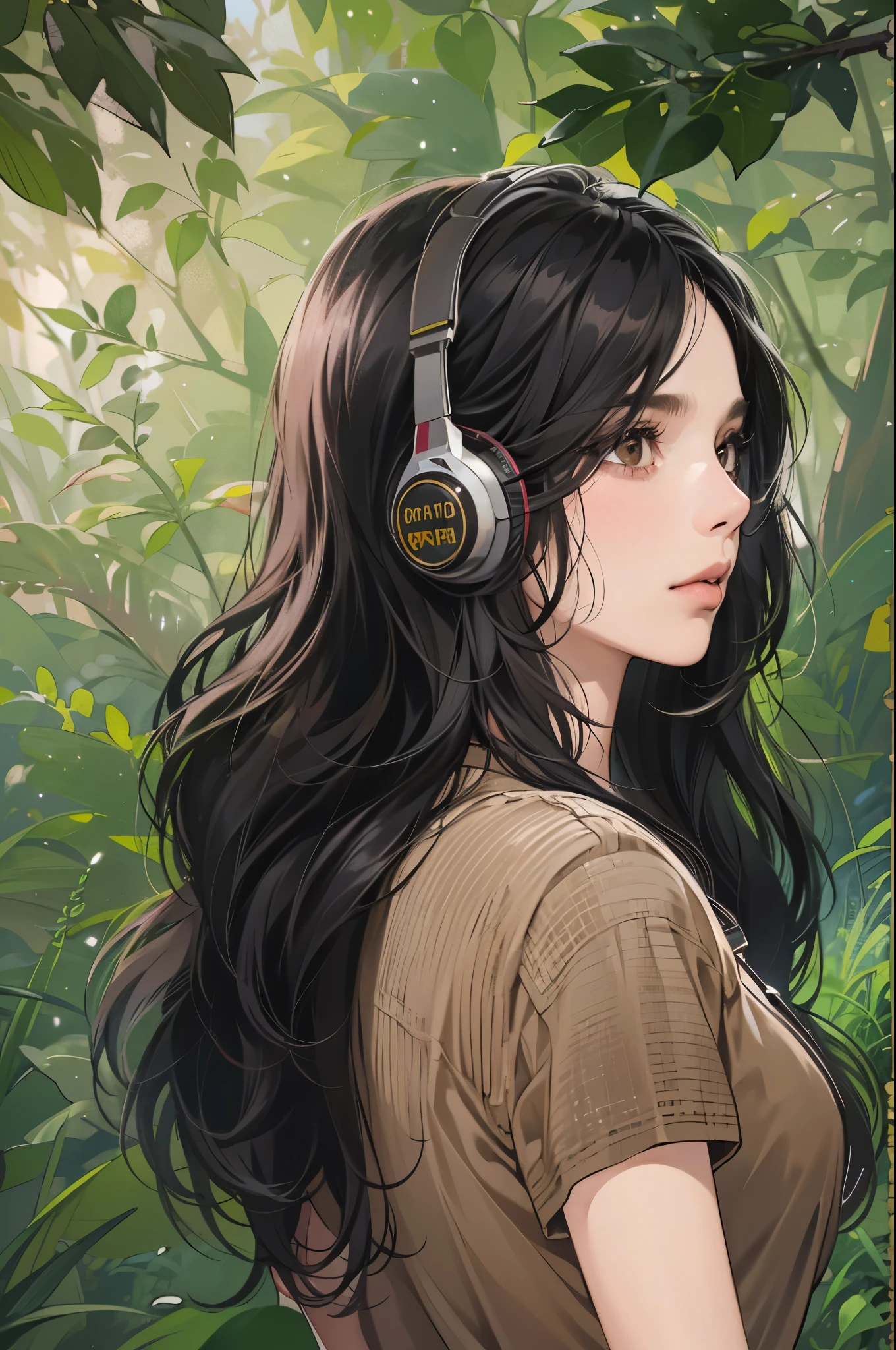 (absurdres, highres, ultra detailed, realistic, ), 1 18year-old,girl, solo, elegance, long black hair, ,brown eyes, earphone,forest background, ultra - detailed, best quality, Detailed diagram, vectorized, 8K, Graphic design, vector lines, Full-HD,full body