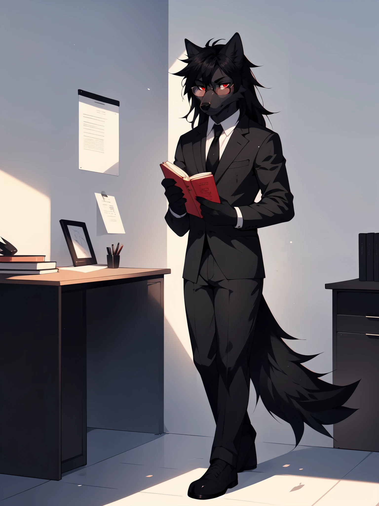  by fumiko, by hyattlen, by hioshiru, Natasha, male dark grey wolf, red eyes, long black hair, cute snout, black nose, wearing black suit and tie, black dress shoes, elegant big glasses, serious face, holding a book, standing in an office, 