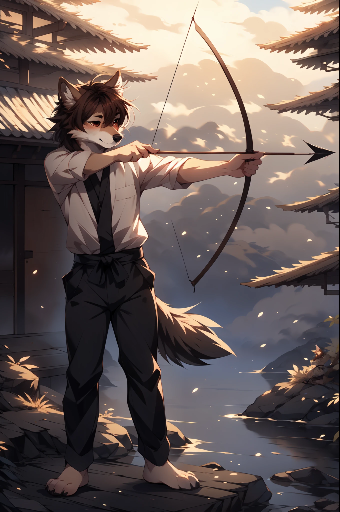 Jaiden, solo, male brown wolf, brown eyes, shaggy brown hair, cute snout, black nose, brown wolf tail, wearing black haori m, black hakama pants, barefoot, standing in a Japanese soldier camp, holding a bow and arrow, notching an arrow, elegant longbow in hands, detailed environment, by fumiko, by hyattlen, by hioshiru, outdoors 