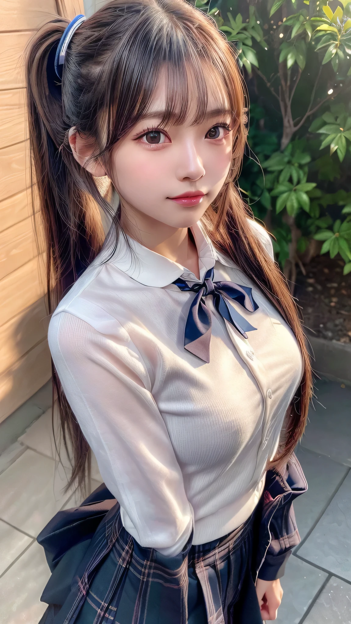 blush,16 years old,long hair ponytail,Hair is kept together,Japanese high school girls' uniforms,Blouse with white collar,Dark blue plaid skirt,Wear a dark blue cardigan,white knee socks,outdoor,chest is small,((8K, Raw photo, best quality, muste piece:1.2), (Reality, photorealistic:1.4), (Highly detailed 8K wallpaper), Depth of bounds written, cinematic lighting, soft light, detailed beauty eye,Shiny and smooth light brown ponytail, asymmetrical bangs, shiny skin, super detailed skin ,high resolution, high detail, detailed hairstyle, detailed beauty face, hyper real, perfect limbs, perfect anatomy ,1 Japanese girl,famous japanese idol, perfect female body,shy smile,short eyelashes,double-edged eyelids,look straight here,Hair style is ponytail,wear a navy blue ribbon tie, long ponytail hairstyle,Stand up straight,So that the whole body can be seen,look straight at me,chest is small,Image of the angle from below,Smile