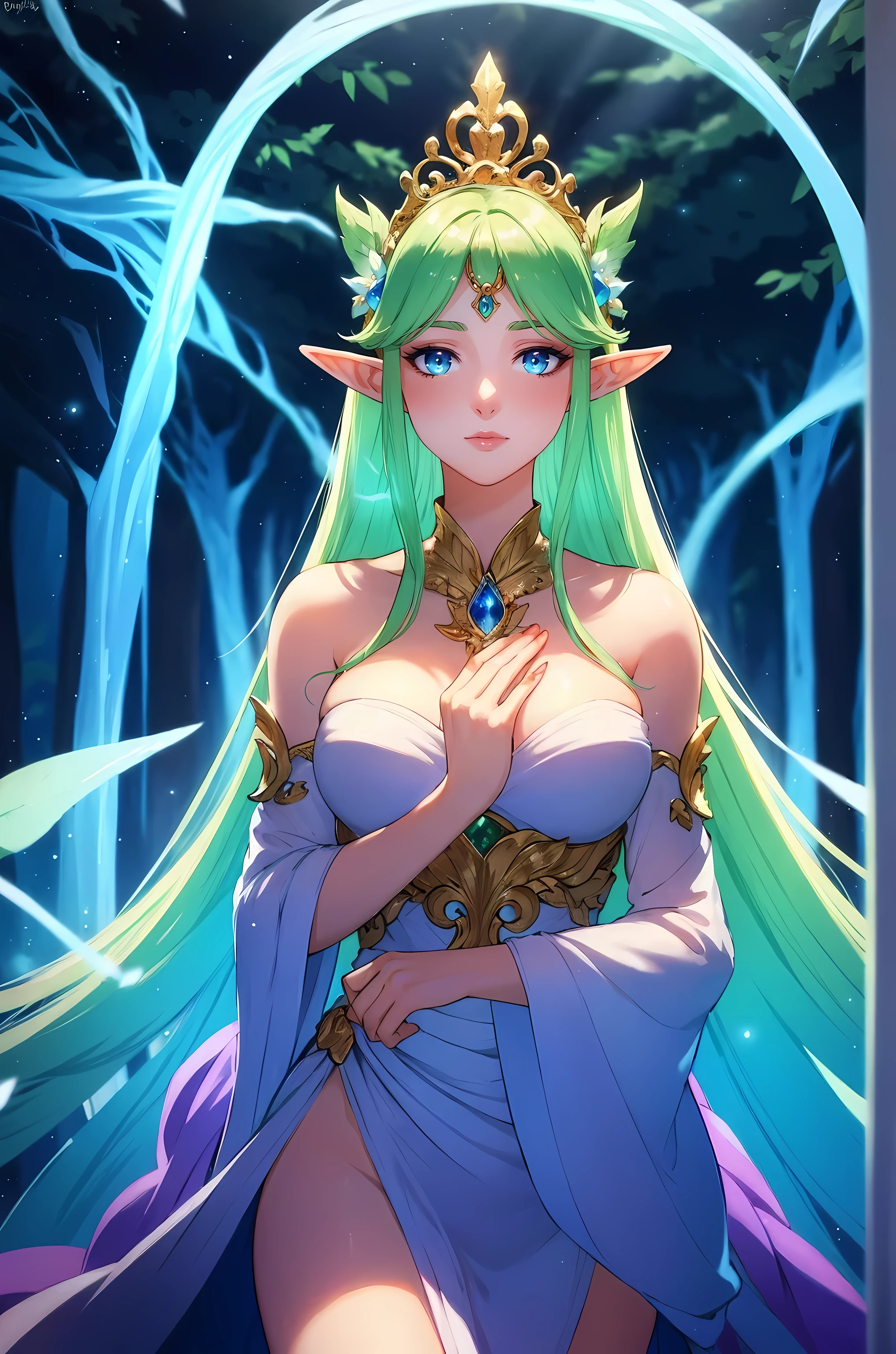 (highest resolution,masterpiece:1.2),vibrant colors,soft lighting,ethereal atmosphere,glowing magical elements,enchanting forest background,strong attention to detail,flawless skin,sparkling eyes,flowing golden hair,fantasy art style,mystical aura,serene expression,delicate features,delightful sense of wonder,meticulous brushstrokes,impeccable realism,lush greenery,magical creatures,harmonious composition,dreamlike quality,elf girl