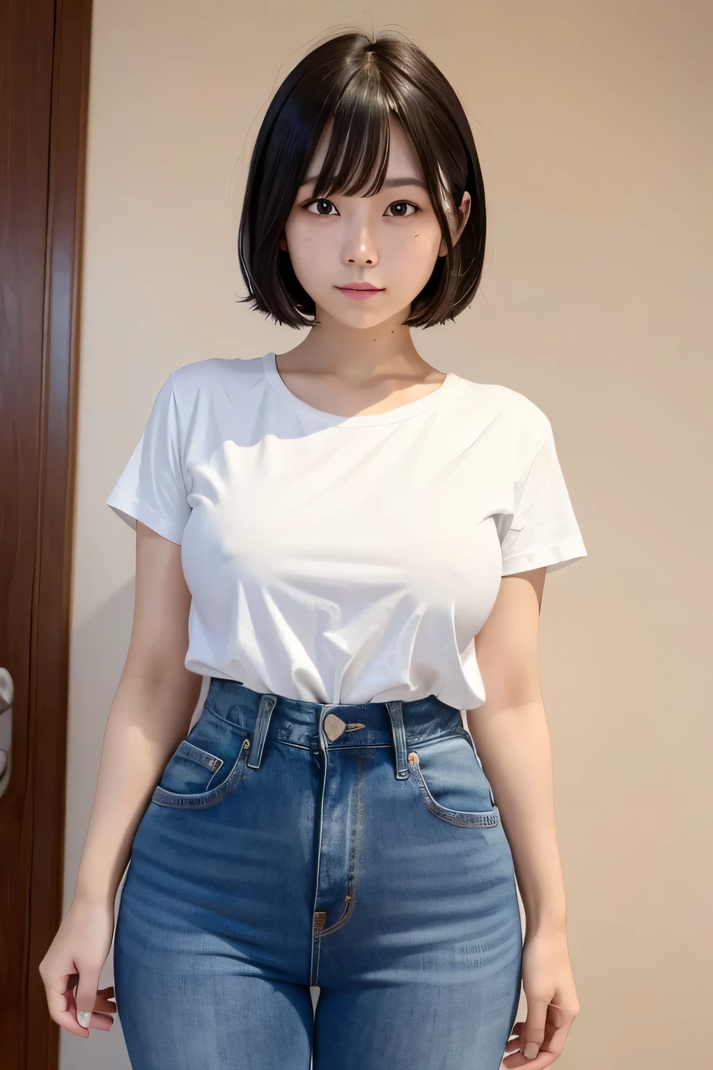 (narrow eyes:1.1), frontal shot , From the middle , (black eye), (japanese woman), 1 girl, (small eyes), very beautiful 17 year old girl, beautiful breasts:1.5, (highly detailed eyes:1.2), (beautiful breasts:1.1), short hair, bangs, (thick legs, huge hips, thick thighs), perfect skin, Fair skin, tight waist, light blush, alone, looking at the viewer, light smile, (White Round Neck T-Shirt), ( blue jeans)