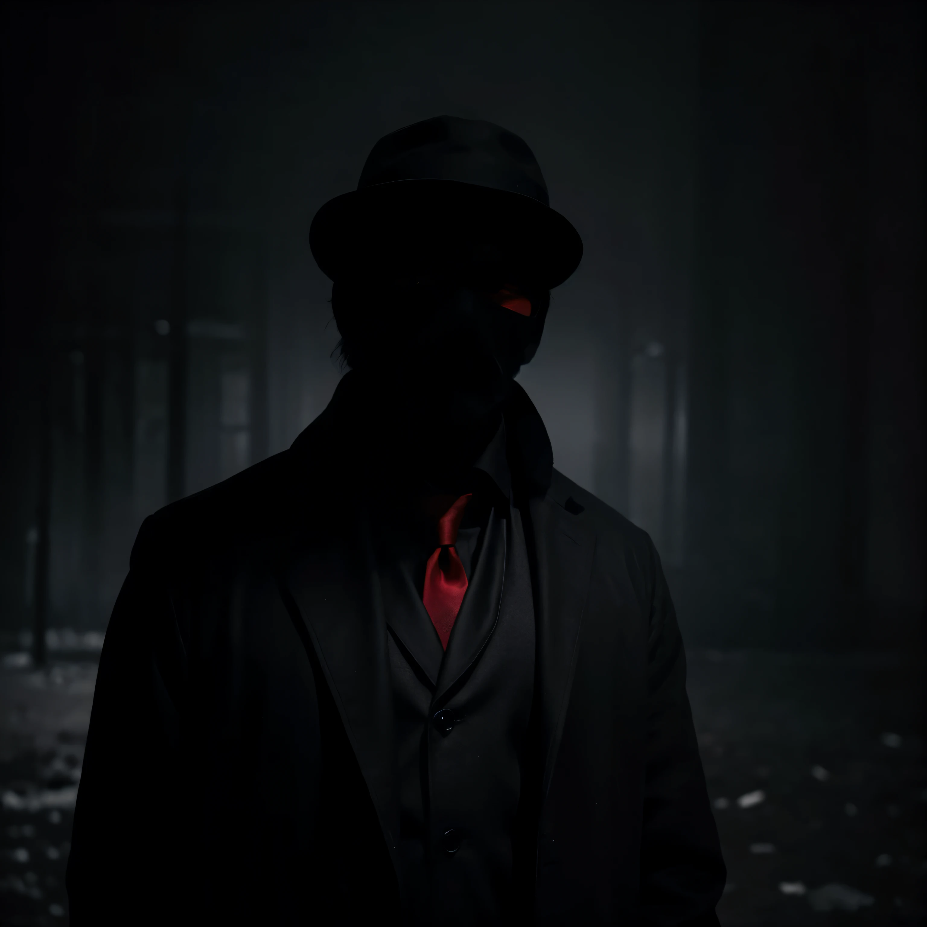 (um homem misterioso em uma noite fria e escura, wearing a black overcoat and hat, uma gravata vermelha, sem rosto, rosto borrado, Rosto obscurecido pela sombra),(atmosfera escura, ambiente mal iluminado, ambiente sinistro),(alta qualidade, 4k resolution, ultra-detalhado),(textura semelhante a pintura, pinceladas finas),(mystical vibrations, enigmatic aura),(monochromatic color scheme, com tons de preto e vermelho),(Moody lighting, dramatic shadows)