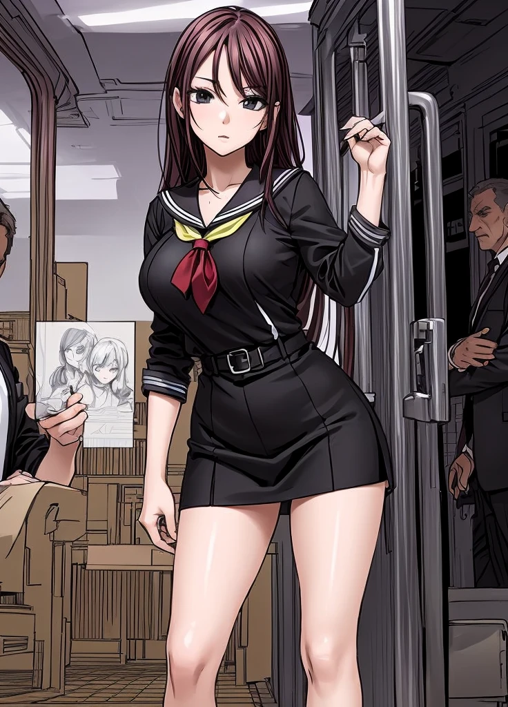 1girl, multiple boys, groping, grabbing, train interior, office lady, multiple hands,, masterpiece, best quality, highly detailed, ass grab, butt grab, side view,