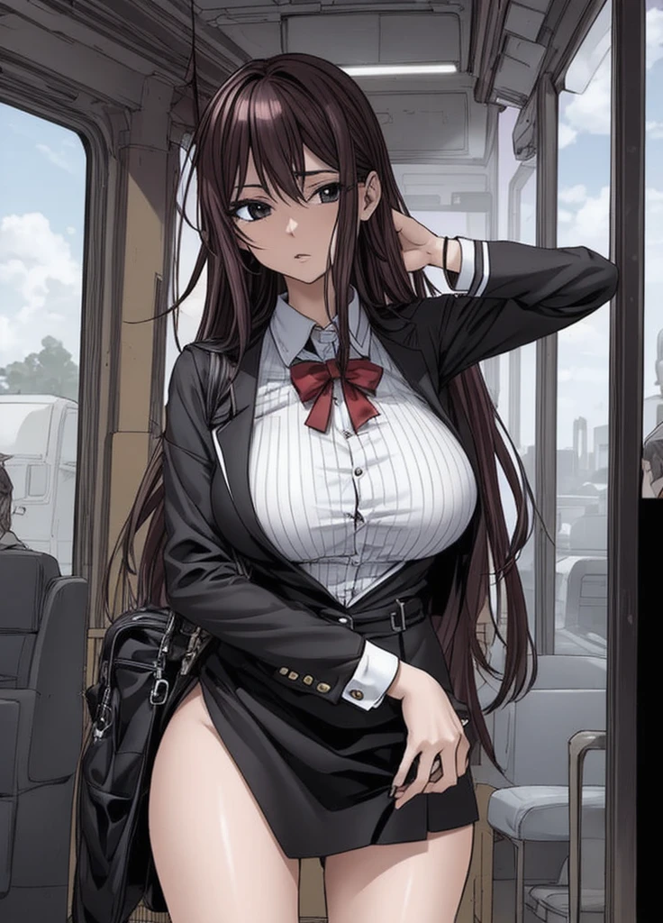 A beautiful woman with shoulder-length hair, big breasts, beautiful legs, and a sharp face is standing on a bus with middle-aged men in suits in a black sailor uniform.。