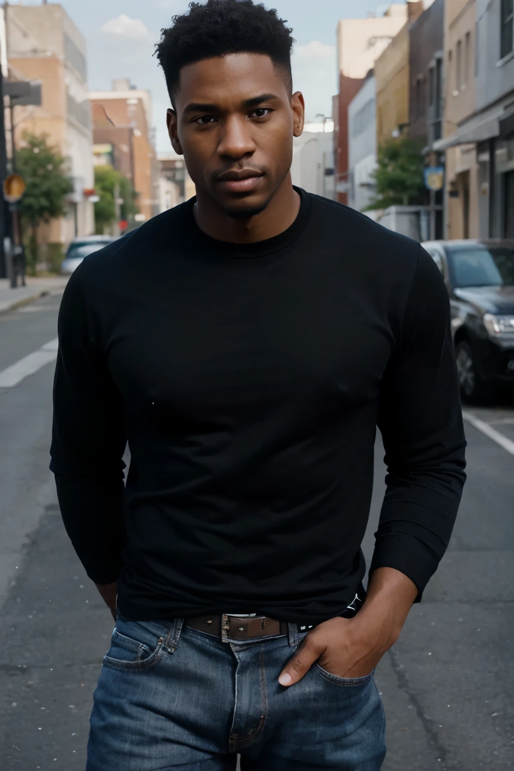 ((perfect photograph)), ((realistic)), ((8k)), (perfect face), gorgeous black man, straight black long sleeve shirt, wearing jeans, looking straight at the camera