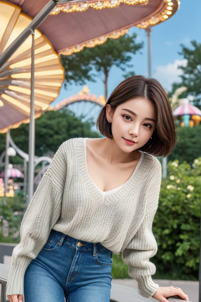 ((Best quality, 8k, Masterpiece :1.3)), 1girl, amusement park, round face, Pretty woman, Super Short Hair,Full Body Shot,Half Smile,V-neck Sweater,half of jeans pants,Ultra-detailed face,Leaning Forward, cute eyes, Double eyelid