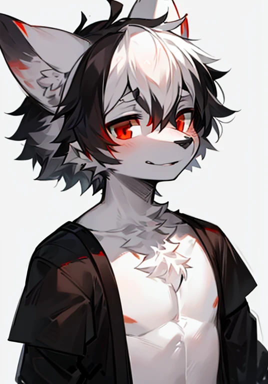 a boy, Wolf, white fur, juvenile, red eyes, messy hair, Black and white hair, short hair,White ears,Caudas Brancas,black nose,masterpiece, Very detailed,Cheerful,lol