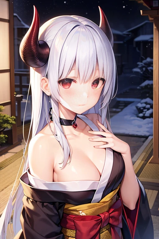 (((highest quality, High resolution, Japan Manga))) ,red eyes,red horn,devil's horns,white hair, 1 girl, alone, looking at the viewer, black hair, medium breasts,closed mouth, clavicle, kimono,白いkimono,Two-dimensional beautiful girl,Japan anime beautiful girl,snow girl