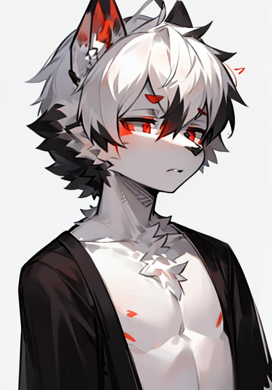 a boy, Wolf, white fur, juvenile, red eyes, messy hair, Black and white hair, short hair,White ears,Caudas Brancas,black nose,masterpiece, Very detailed,sexy