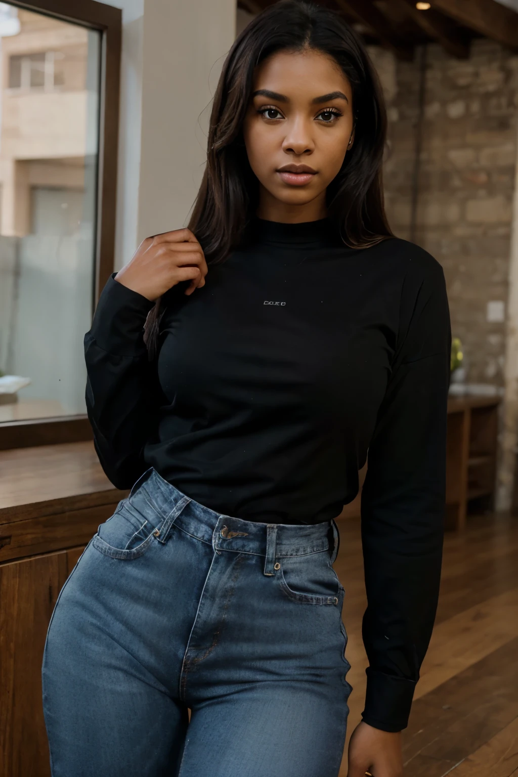 ((perfect photograph)), ((realistic)), ((8k)), (perfect face), gorgeous black younger women, straight black long sleeve shirt going down to her thighs, wearing jeans, looking straight at the camera