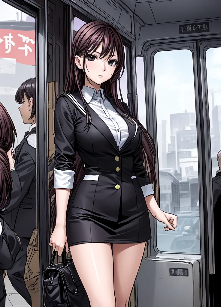 A beautiful woman with shoulder-length hair, big breasts, beautiful legs, and a sharp face is standing in a crowded train with middle-aged men in suits in a black sailor suit.。