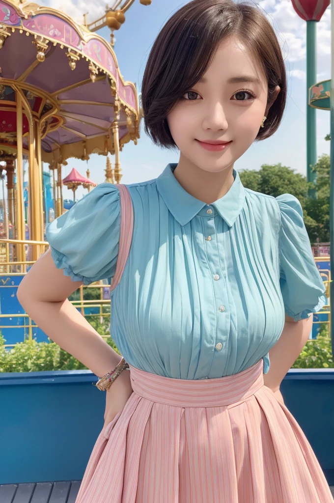 ((Best quality, 8k, Masterpiece :1.3)), 1girl, amusement park, round face, Pretty woman, Super Short Hair,Full Body Shot,Half Smile,Blouse,Long Skirt,Ultra-detailed face,Leaning Forward, cute eyes, Double eyelid