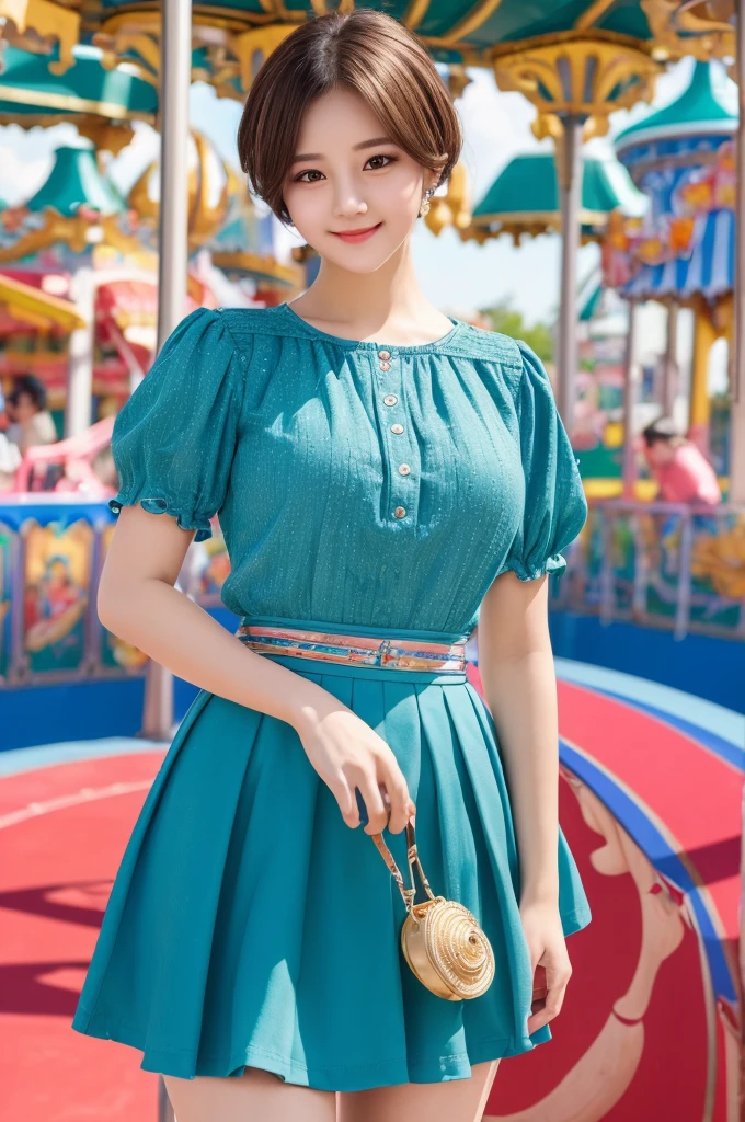 ((Best quality, 8k, Masterpiece :1.3)), 1girl, amusement park, round face, Pretty woman, Super Short Hair,Full Body Shot,Half Smile,Blouse,Long Skirt,Ultra-detailed face,Leaning Forward, cute eyes, Double eyelid