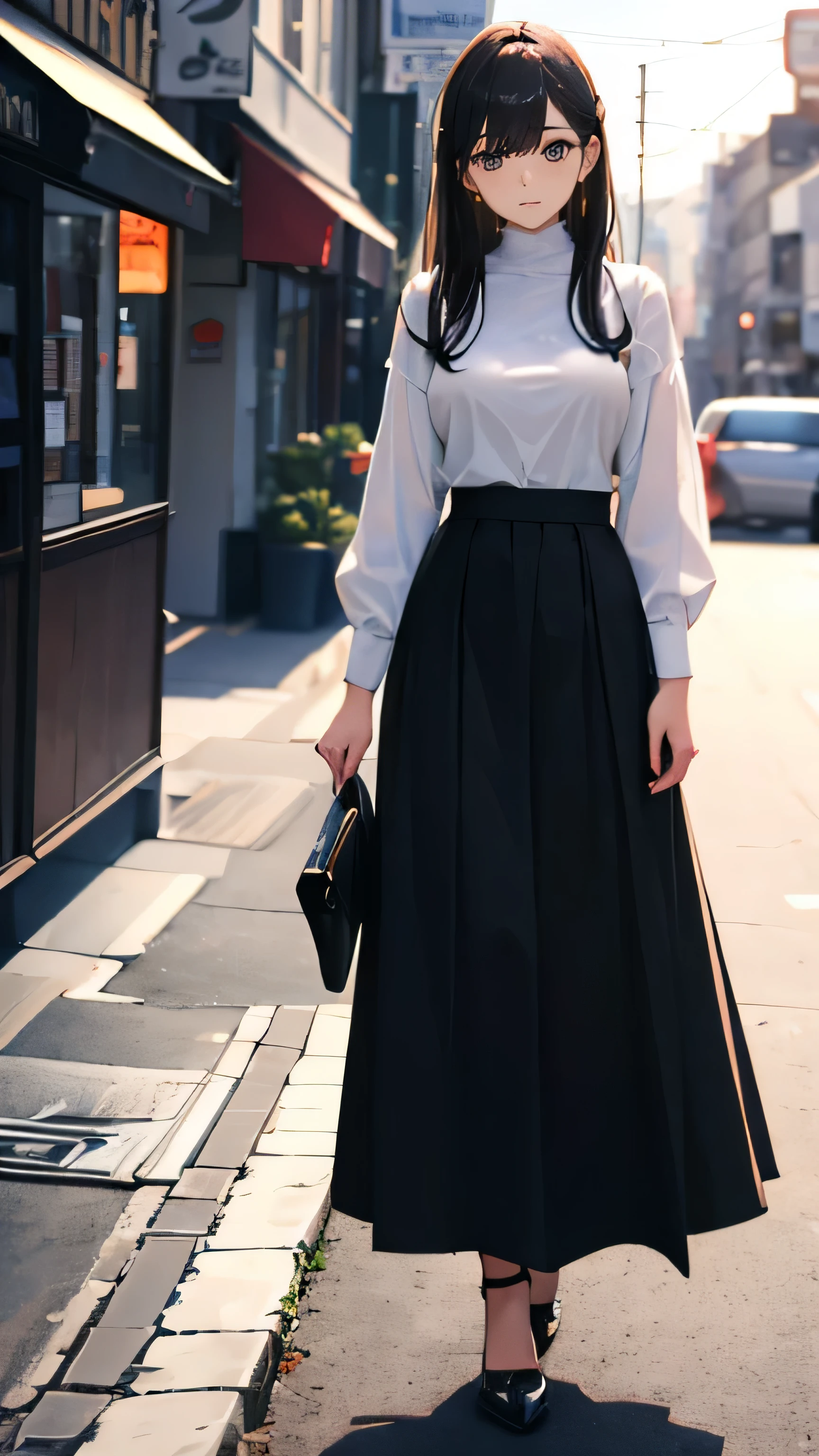 ((masterpiece, high resolution, best quality, best details, anime)), a woman standing on the street, dressed in a long skirt, leather jacket, red blouse and pumps high heels, (((long loose black skirt))), leather jacket black, pumps platform high heels, ((pantyhose)), long straight hair, light brown hair, silver eyes, street landscape, (((ankle length skirt))), fabric skirt, fabric blouse, ((full skirt without openings)),