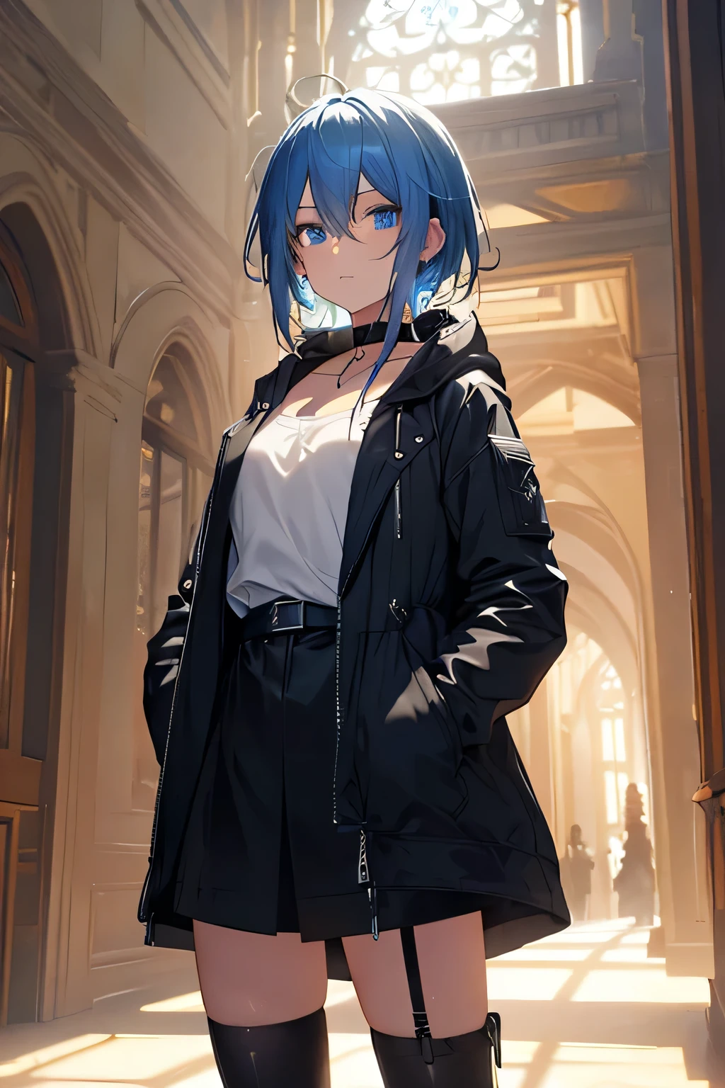 (High resolution, realistic, 4K, super detailed, masterpiece:1.2),1 androgynous girl, unisex, shining blue eyes, Blue Medium Hair, cowboy shot (no hat:1.5),((white shirt, black parker)), simple black choker, black shorts, flowing dress, nihilistic, dynamic pose, Accumulating light, magical aura, break, castle glass corridor, golden lighting, mysterious background, dramatic lighting, magical atmosphere, Bright colors, enchanting beauty
