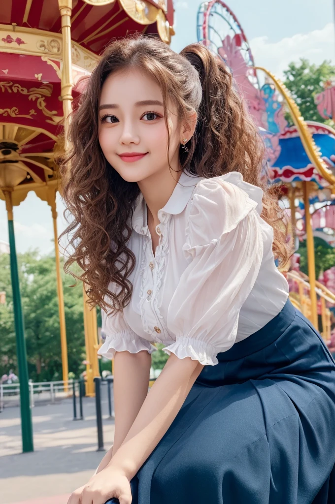 ((Best quality, 8k, Masterpiece :1.3)), 1girl, amusement park, round face, Pretty woman, Long Hair,Curly Hair,High Ponytail,Full Body Shot,Half Smile,Blouse,Long Skirt,Ultra-detailed face,Leaning Forward, cute eyes, Double eyelid