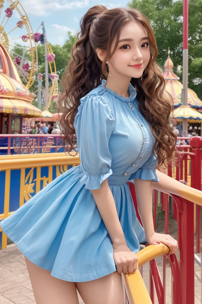 ((Best quality, 8k, Masterpiece :1.3)), 1girl, amusement park, round face, Pretty woman, Long Hair,Curly Hair,High Ponytail,Full Body Shot,Half Smile,Blouse,Long Skirt,Ultra-detailed face,Leaning Forward, cute eyes, Double eyelid