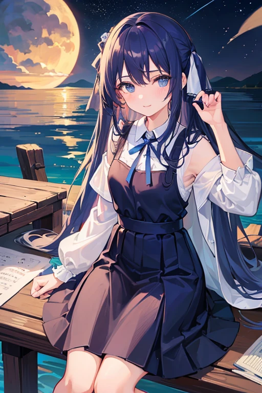 ((masterpiece:1.2, best quality)), 1 girl, ,alone, Dark blue gradient hair,Star发饰, long hair, skirt, aurora, night,moon, Star (Sky), Sky, 黑色skirt, night Sky,, Star,Sky, light pink blue eyes, ribbon, 蓝色skirt, 紫色skirt,Star花纹,Smile, hair ribbon, Shore, Butterfly, magic, dark clouds, night,river,lake,sit,wide angle