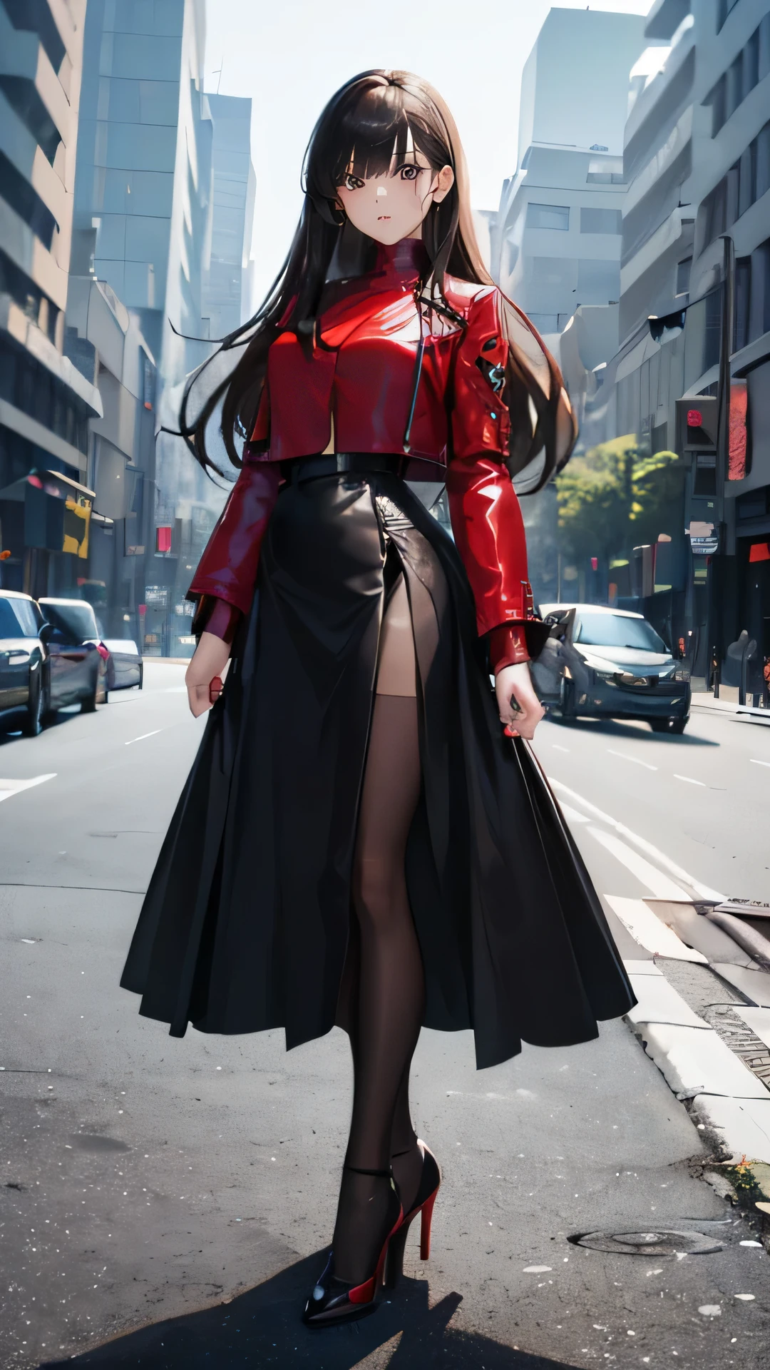 ((masterpiece, high resolution, best quality, best details, anime)), a woman standing on the street, dressed in a long skirt, leather jacket, red blouse and pumps high heels, long loose black skirt, leather jacket black, pumps platform high heels, pantyhose, long straight hair, light brown hair, silver eyes, street landscape, ankle length skirt,