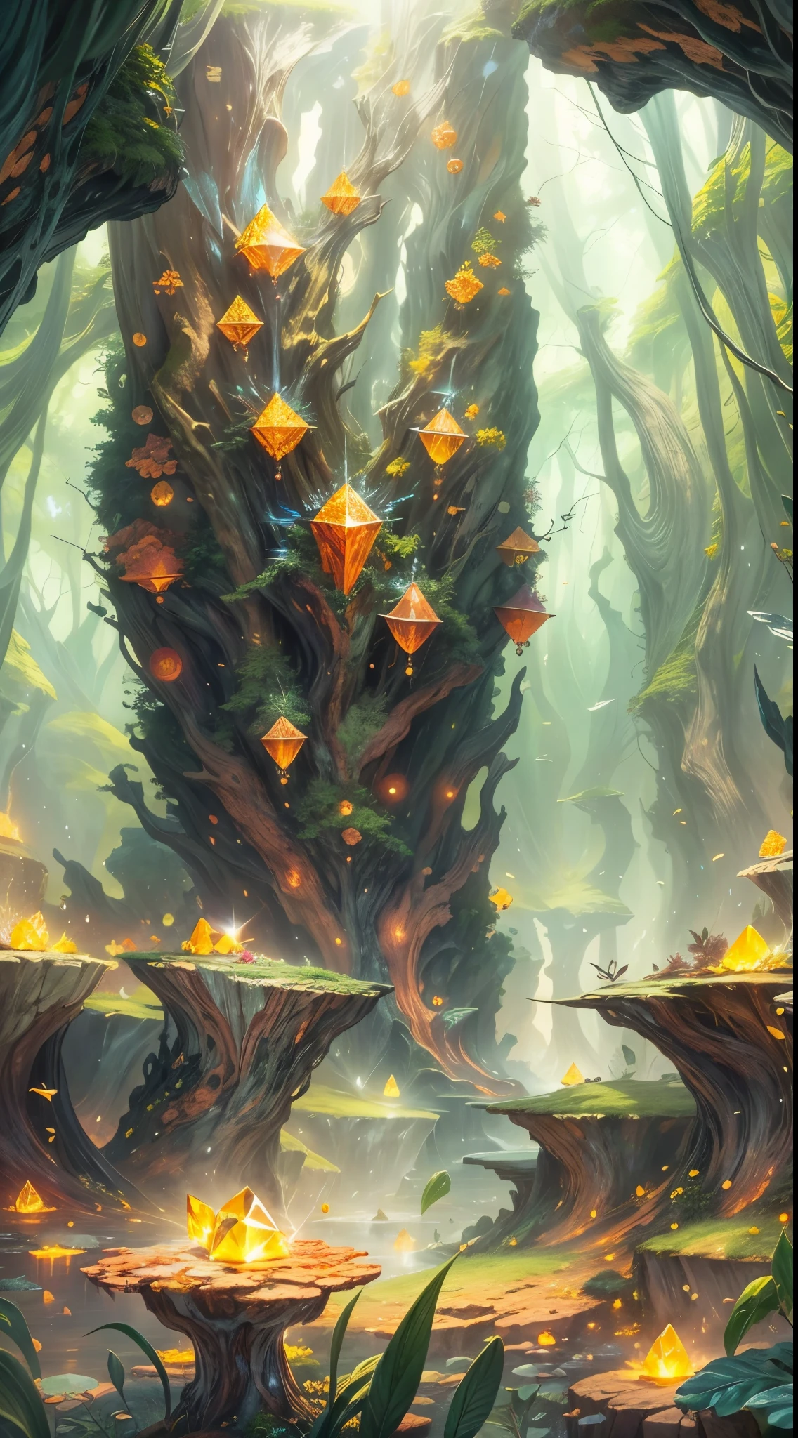 Super detailed,4K,8K,high resolution,masterpiece。In the center of the picture is a mysterious underground crystal cave,There is a cluster of huge citrine crystals growing inside the cave.,These crystals grow from the ground,forming a charming scene。The picture is ethereal、Mainly peaceful atmosphere,Time seems to be frozen at this moment。Citrine sparkles,Exudes an aura of mystery,The whole picture is full of magical colors。"