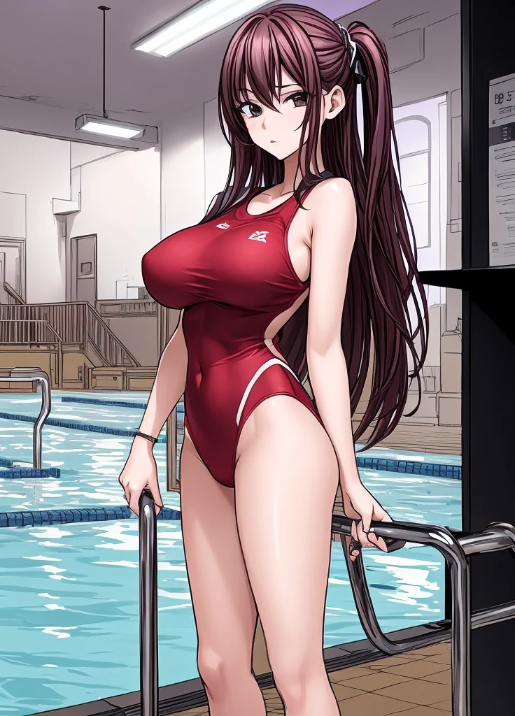A beautiful woman with shoulder-length long hair, big breasts, beautiful legs, and a sharp face is standing by the school's indoor pool in a red competitive swimsuit.。