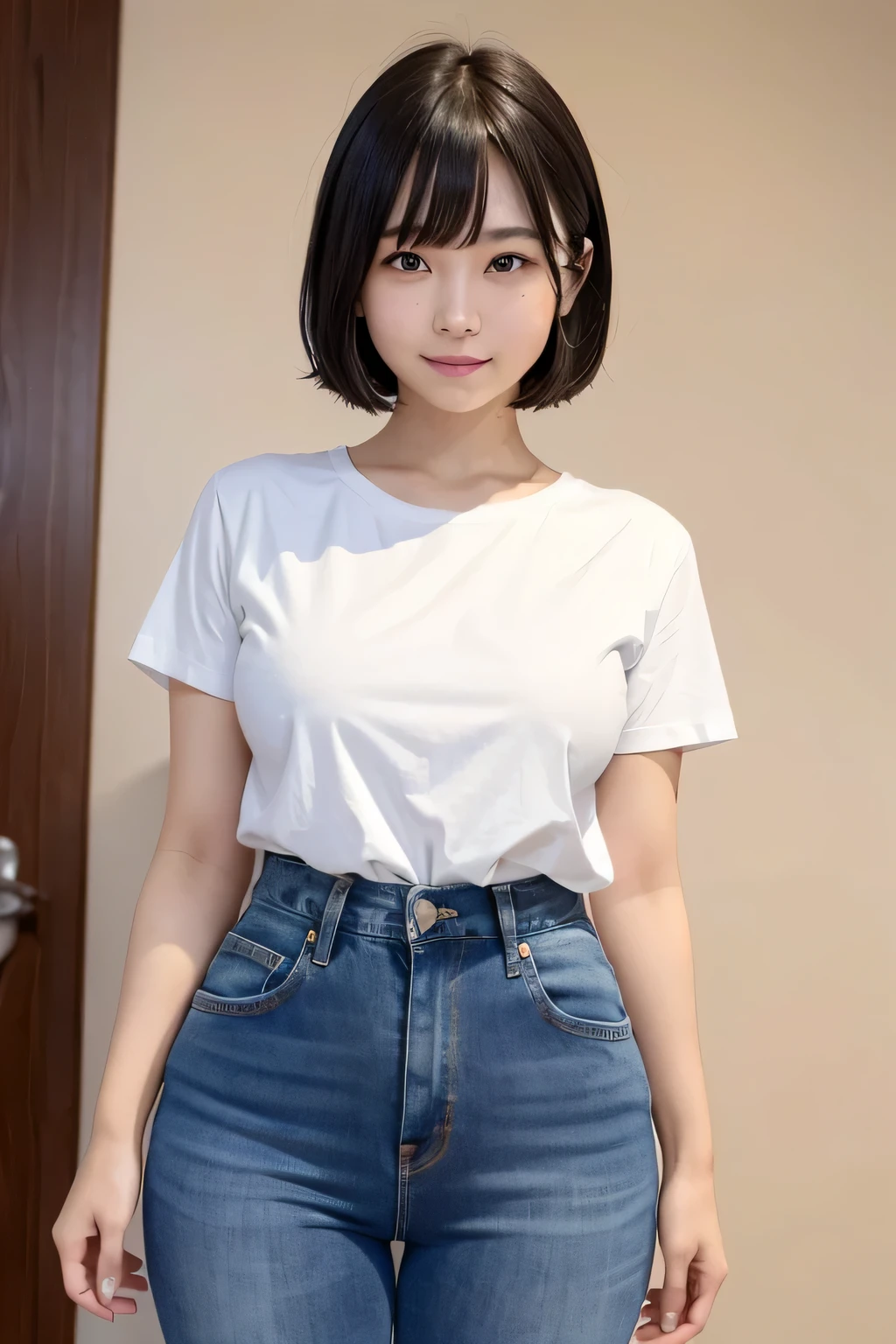 (narrow eyes:1.1), frontal shot , From the middle , (black eye), (japanese woman), 1 girl, (small eyes), very beautiful 17 year old girl, beautiful breasts:1.5, (highly detailed eyes:1.2), (beautiful breasts:1.1), short hair, bangs, (thick legs, huge hips, thick thighs), perfect skin, Fair skin, (white teeth), tight waist, light blush, alone, looking at the viewer, laughter, smile, (White Round Neck T-Shirt), ( blue jeans)