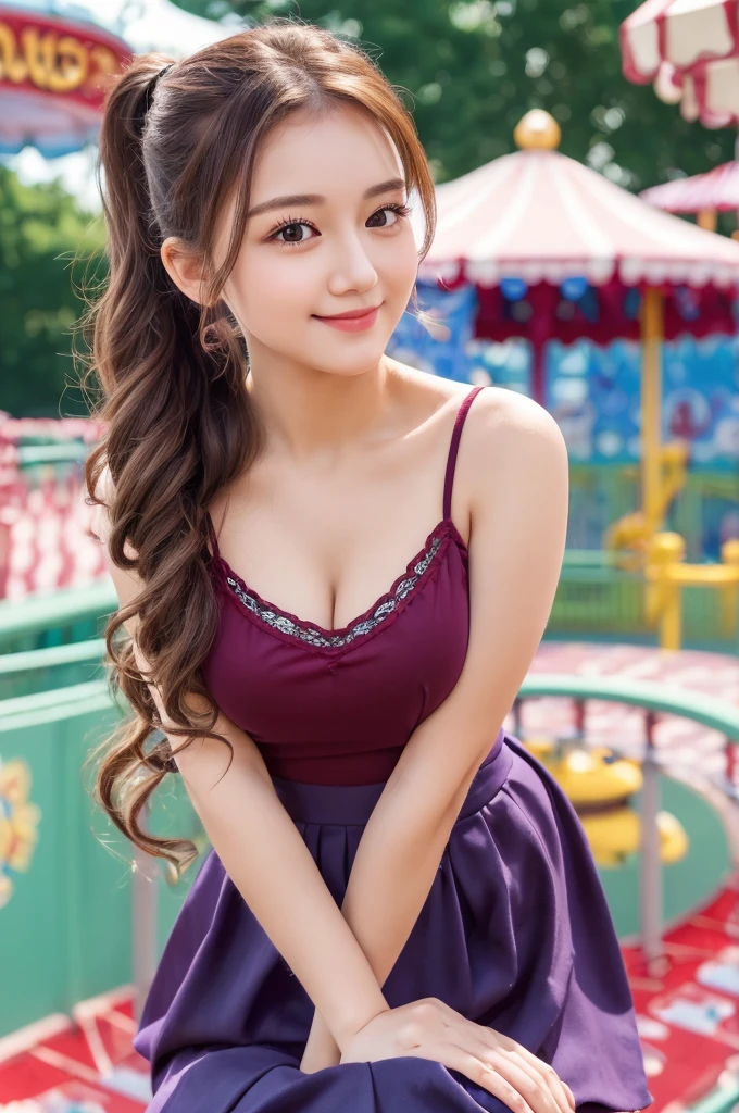 ((Best quality, 8k, Masterpiece :1.3)), 1girl, amusement park, round face, Pretty woman, Long Hair,Curly Hair,High Ponytail,Full Body Shot,Half Smile,Camisole,Long Skirt,Ultra-detailed face,Leaning Forward, cute eyes, Double eyelid
