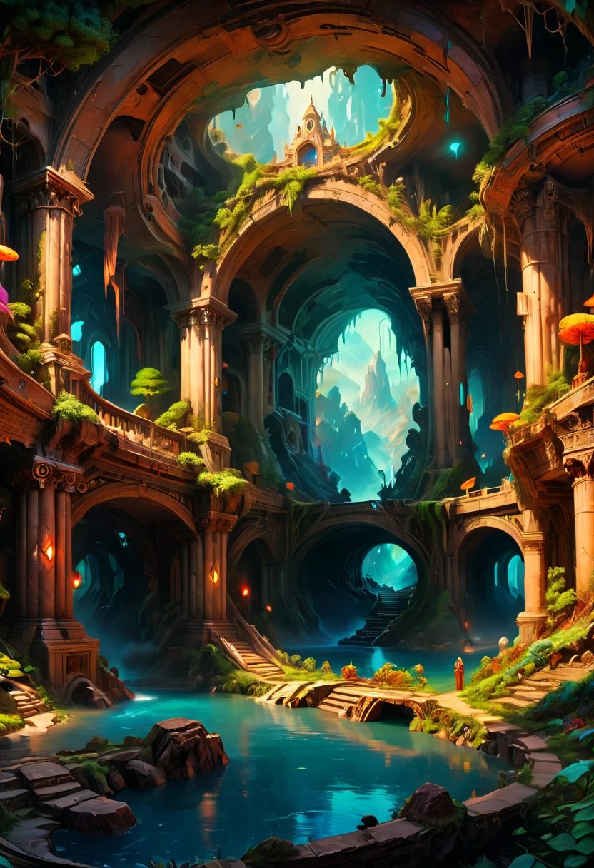 Underground Place, high saturation, fantasy art, enhance, intricate, (best quality, masterpiece, Representative work, official art, Professional, 8k)