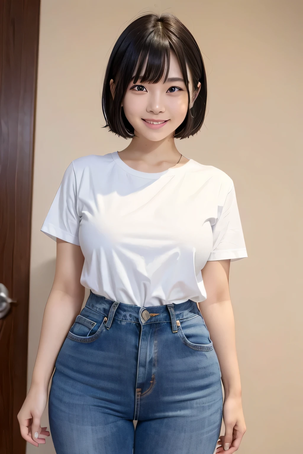 (narrow eyes:1.1), frontal shot , From the middle , (black eye), (japanese woman), 1 girl, (small eyes), very beautiful 17 year old girl, beautiful breasts:1.5, (highly detailed eyes:1.2), (beautiful breasts:1.1), short hair, bangs, (thick legs, huge hips, thick thighs), perfect skin, Fair skin, (white teeth), tight waist, light blush, alone, looking at the viewer, (laughter:1.2), smile, (White Round Neck T-Shirt), ( blue jeans)