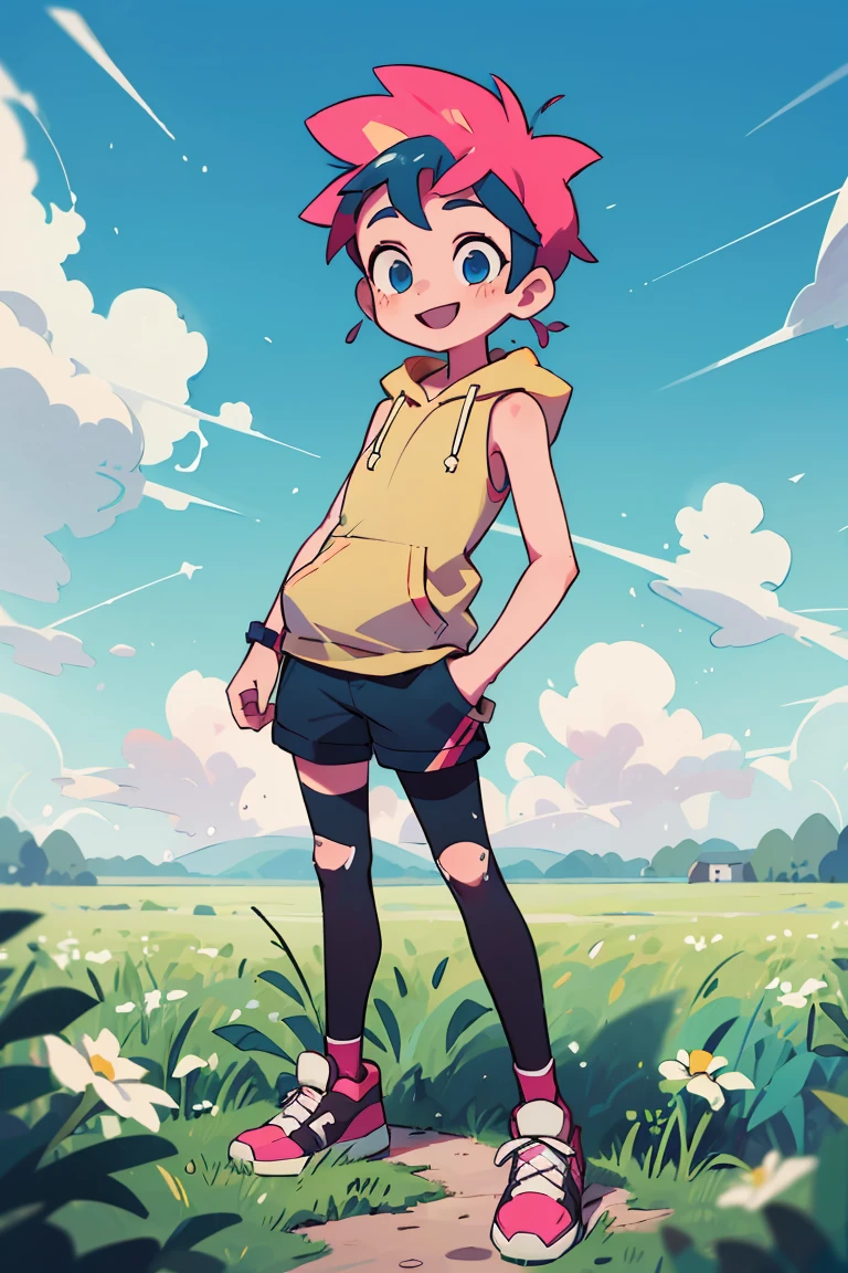masterpiece, 4k, detailed, extreme detailed, thin, 12 years old, male, pink mohawk, blue eyes, smiling, sleeveless hoodie, shorts, black tights, hi-top sneakers, full body, standing in a field