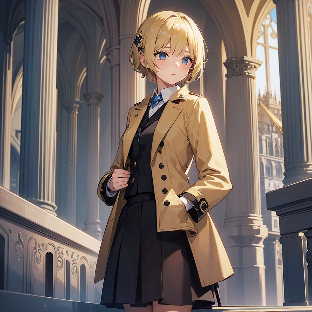 Masterpiece, solo, 1girl, overcoat, hair ornament, short skirt, short blonde hair, neuschwanstein castle