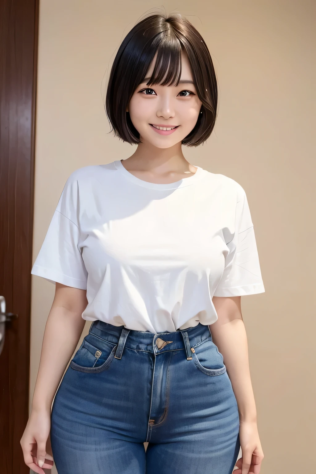 (narrow eyes:1.1), frontal shot , From the middle , (black eye), (japanese woman), 1 girl, (small eyes), very beautiful 17 year old girl, beautiful breasts:1.5, (highly detailed eyes:1.2), (beautiful breasts:1.1), short hair, bangs, (thick legs, huge hips, thick thighs), perfect skin, Fair skin, (white teeth), tight waist,  alone, looking at the viewer, (laughter:1.2), smile, (White Round Neck T-Shirt), ( blue jeans)