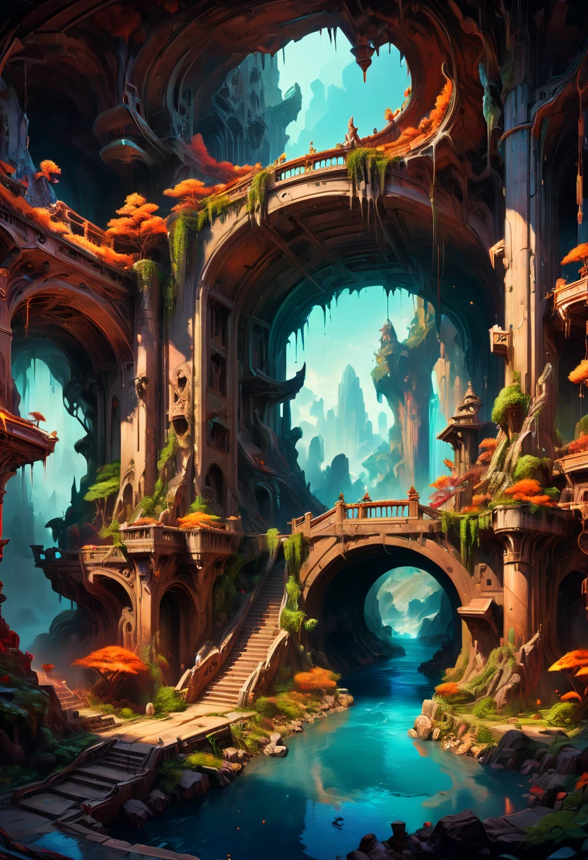 Underground Place by Bruce Zheng, high saturation, fantasy art, enhance, intricate, (best quality, masterpiece, Representative work, official art, Professional, 8k)