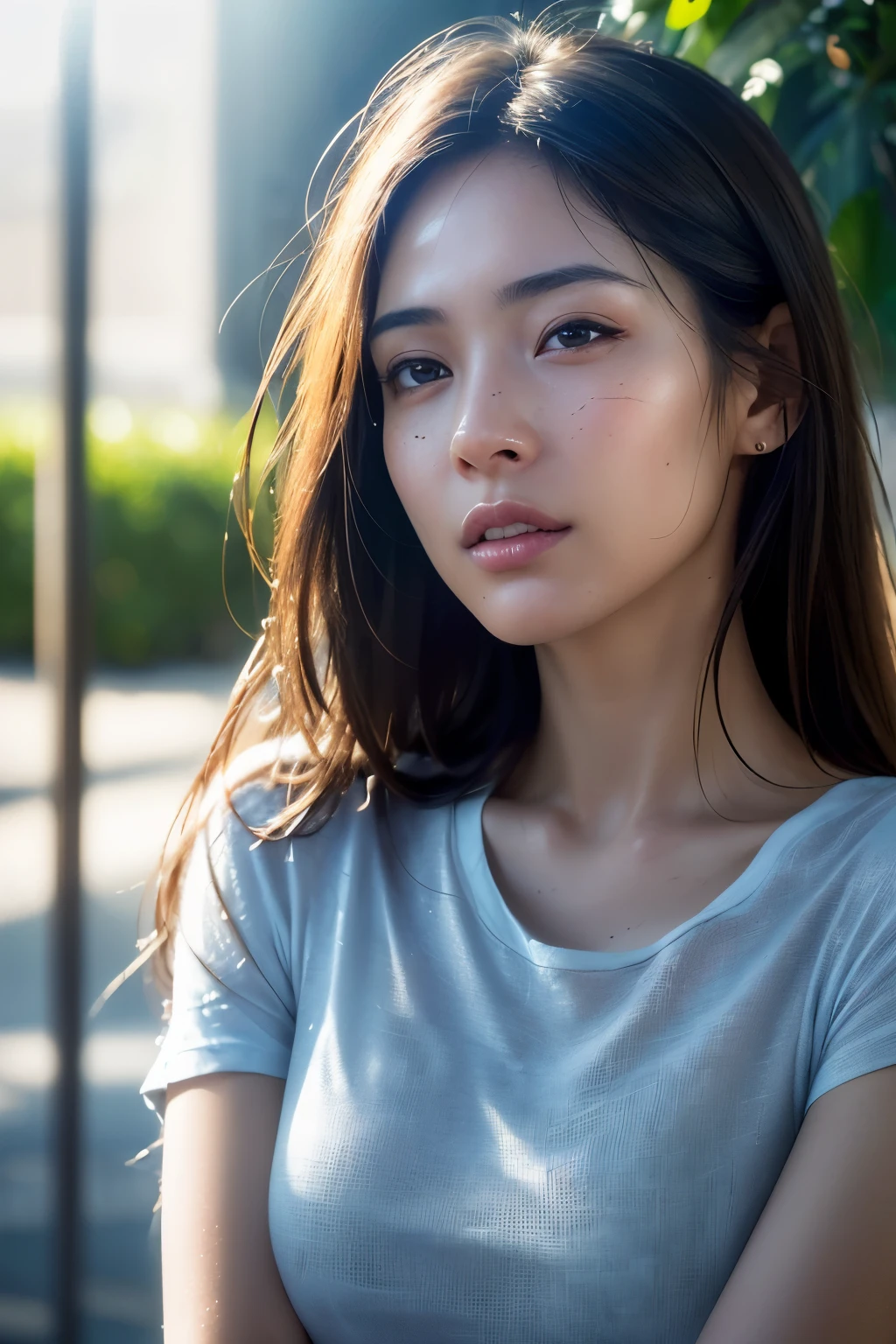 dressed, (photo realistic:1.4), (hyper realistic:1.4), (realistic:1.3),
(smoother lighting:1.05), (Improve the quality of cinematic lighting:0.9), 32K,
1 girl,20 year old girl, realistic lighting, Backlight, light shines on your face, ray tracing, (bright light:1.2), (Improvement of quality:1.4),
(Highest quality realistic textured skin:1.4), detailed eyes, detailed face,
(Tired, sleepy and happy), (smile:0), close up of face, T-shirt,
(Enhance the mood of your body line:1.1), (Enhances the beauty of skin texture:1.1)