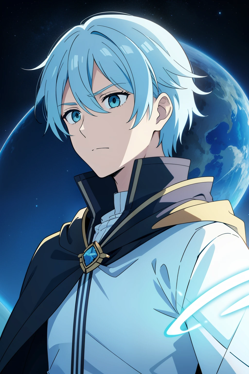 (high-quality, breathtaking),(expressive eyes, perfect face) 1male, male, solo, short height, young teenager age, medium length hair, Light blue hair color, white strands in hair, unkept hair, bluey green eyes, kind expression, black cloak, white shirt, fantasy mage clothing, adventurers attire, Uranus planet, Uranus Roman God of the Sky and Heavans, space background, portrait, upper body, magic
