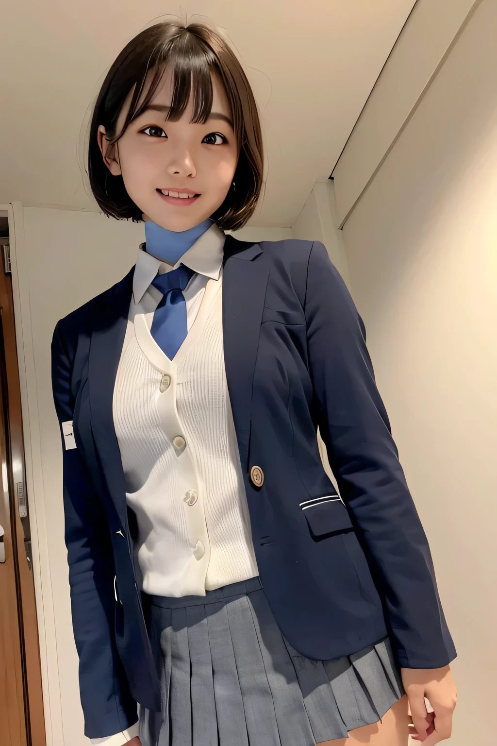 (narrow eyes:1.1), frontal shot , From the middle , (black eye), (japanese woman), 1 girl, (small eyes), very beautiful girl, beautiful breasts:1.5, (highly detailed eyes:1.2), (beautiful breasts:1.1), short hair, bangs, (thick legs, huge hips, thick thighs), perfect skin, Fair skin, (white teeth), tight waist, light blush, alone, looking at the viewer, (laughter:1.2), smile, (School_uniform),(dark blue blazer), (white shirt、Wearing a tie), (gray pleated skirt), (sculpture installation :1.1)