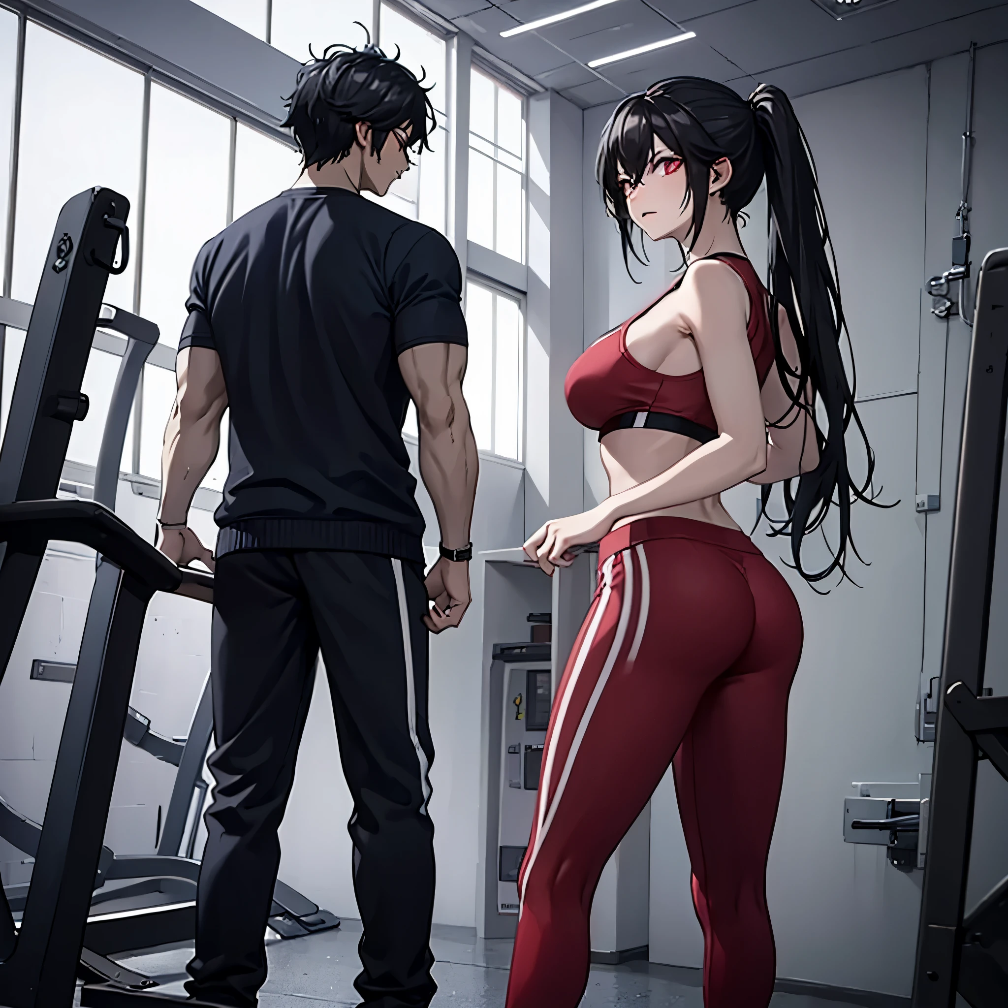 a man and a woman(eye red ) in a gym working out in gym clothes in a fitness gym.
