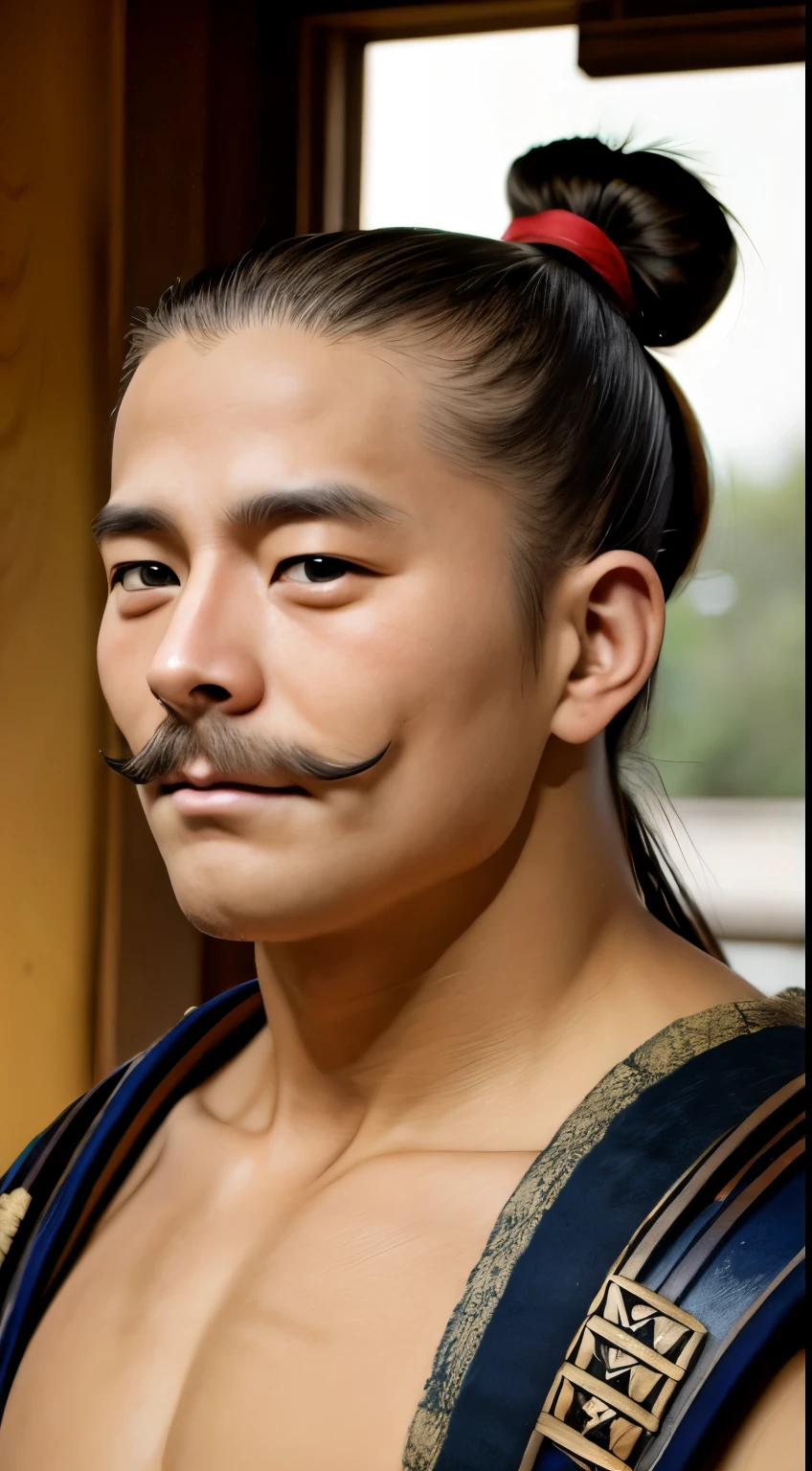 1 man、topknot、Japanese armor、shallow mustache、in detail、4K、front shot、Crazy