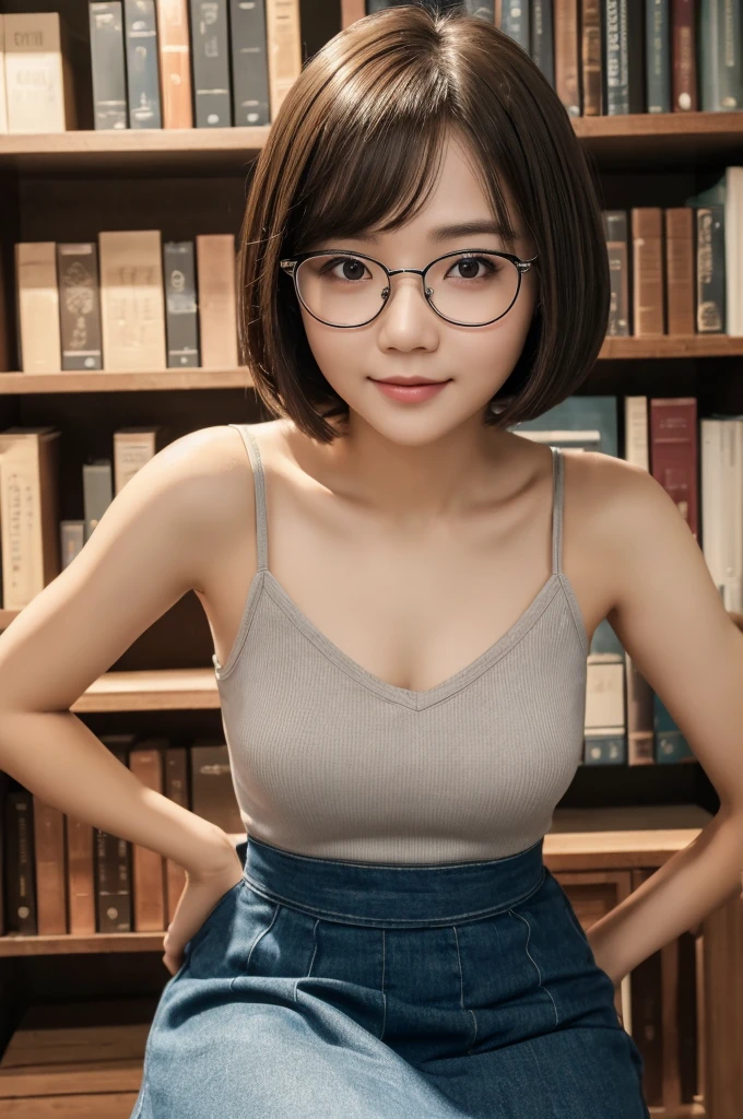 ((Best quality, 8k, Masterpiece :1.3)), 1girl, library, round face, Pretty woman, Super Short Hair,Bob Cut,Full Body Shot,Half Smile,Camisole,Long Skirt,glasses,Ultra-detailed face,Leaning Forward, cute eyes, Double eyelid