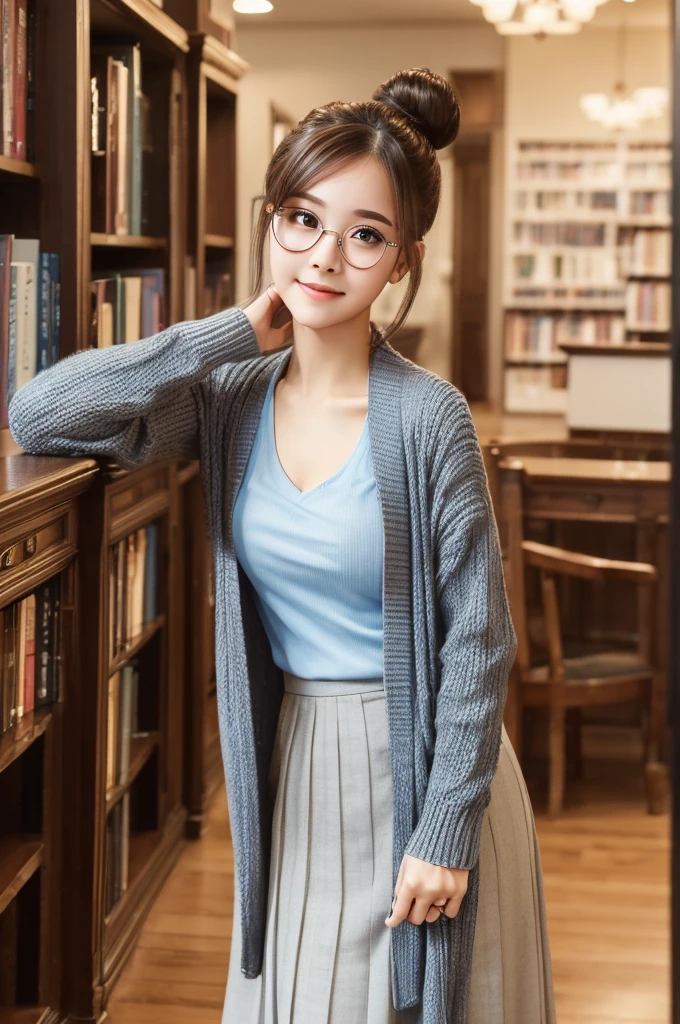 ((Best quality, 8k, Masterpiece :1.3)), 1girl, library, round face, Pretty woman,Bun Hair,Full Body Shot,Half Smile,Cardigan,Long Skirt,glasses,Ultra-detailed face,Leaning Forward, cute eyes, Double eyelid