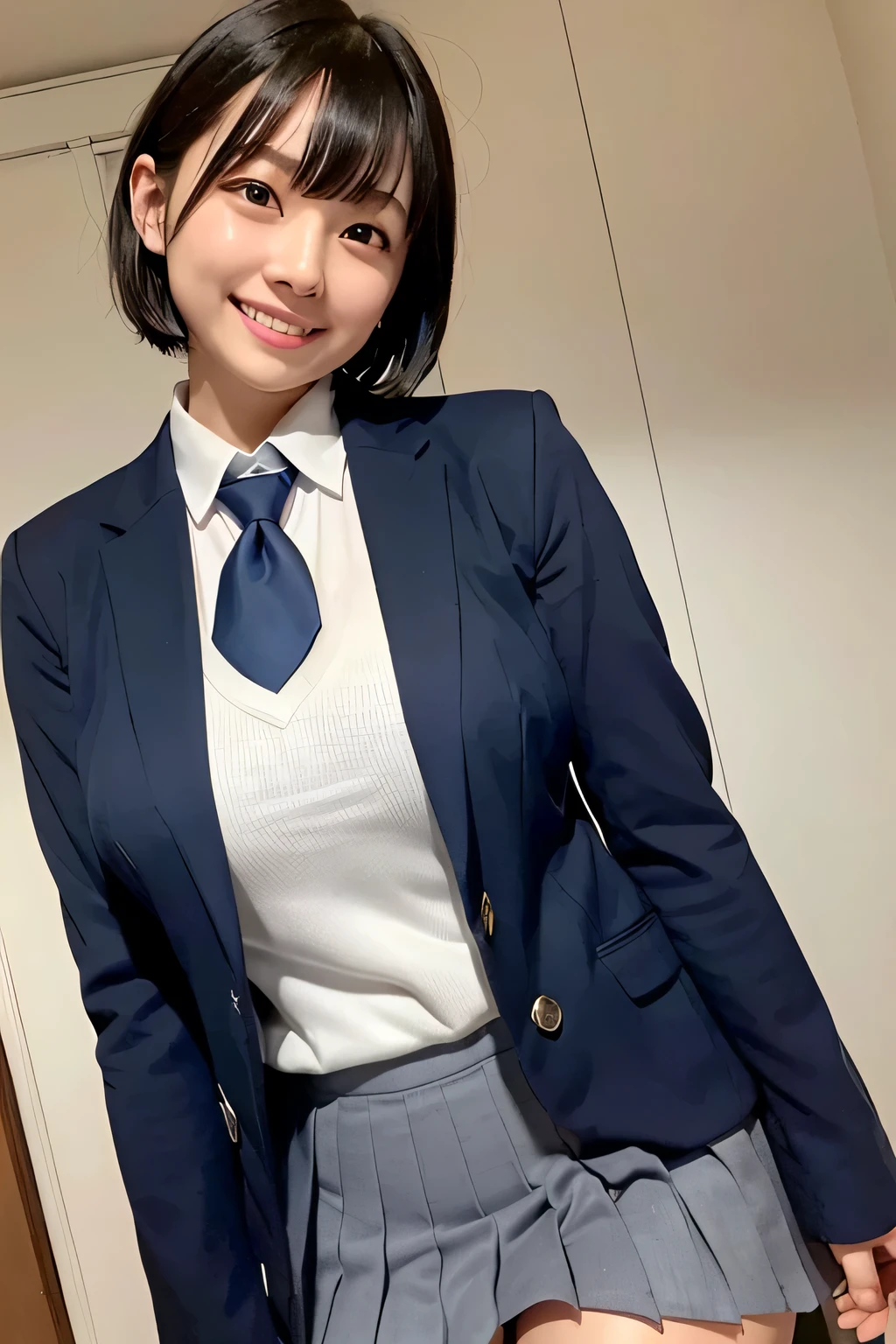 (narrow eyes:1.1), frontal shot , From the middle , (black eye), (japanese woman), 1 girl, (small eyes), very beautiful  girl, beautiful breasts:1.5, (highly detailed eyes:1.2), (beautiful breasts:1.1), short hair, bangs, (thick legs, huge hips, thick thighs), (huge breasts), perfect skin, Fair skin, (white teeth), tight waist, light blush, alone, looking at the viewer, (laughter:1.2), smile, (School_uniform),(dark blue blazer), (white shirt、Wearing a tie), (gray pleated skirt)