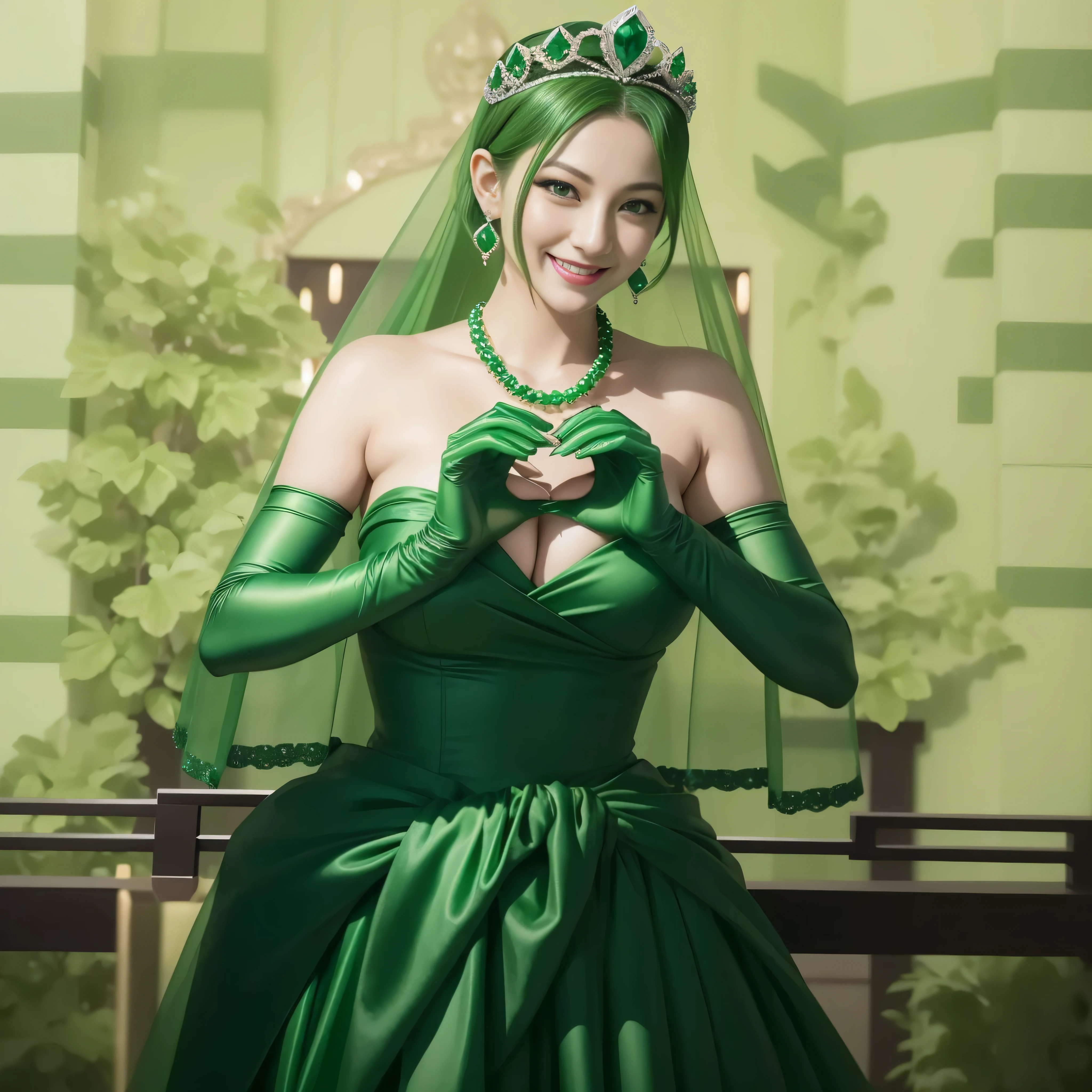 emerald tiara, green pearl necklace, ボーイッシュな非常に短いgreen hair, lipstick, smiling Japanese woman, very short hair,  Beauty with large breasts, green eyes, Long Green Satin Gloves, green eyes, emerald earrings, green veil, heart with both hands, green hair