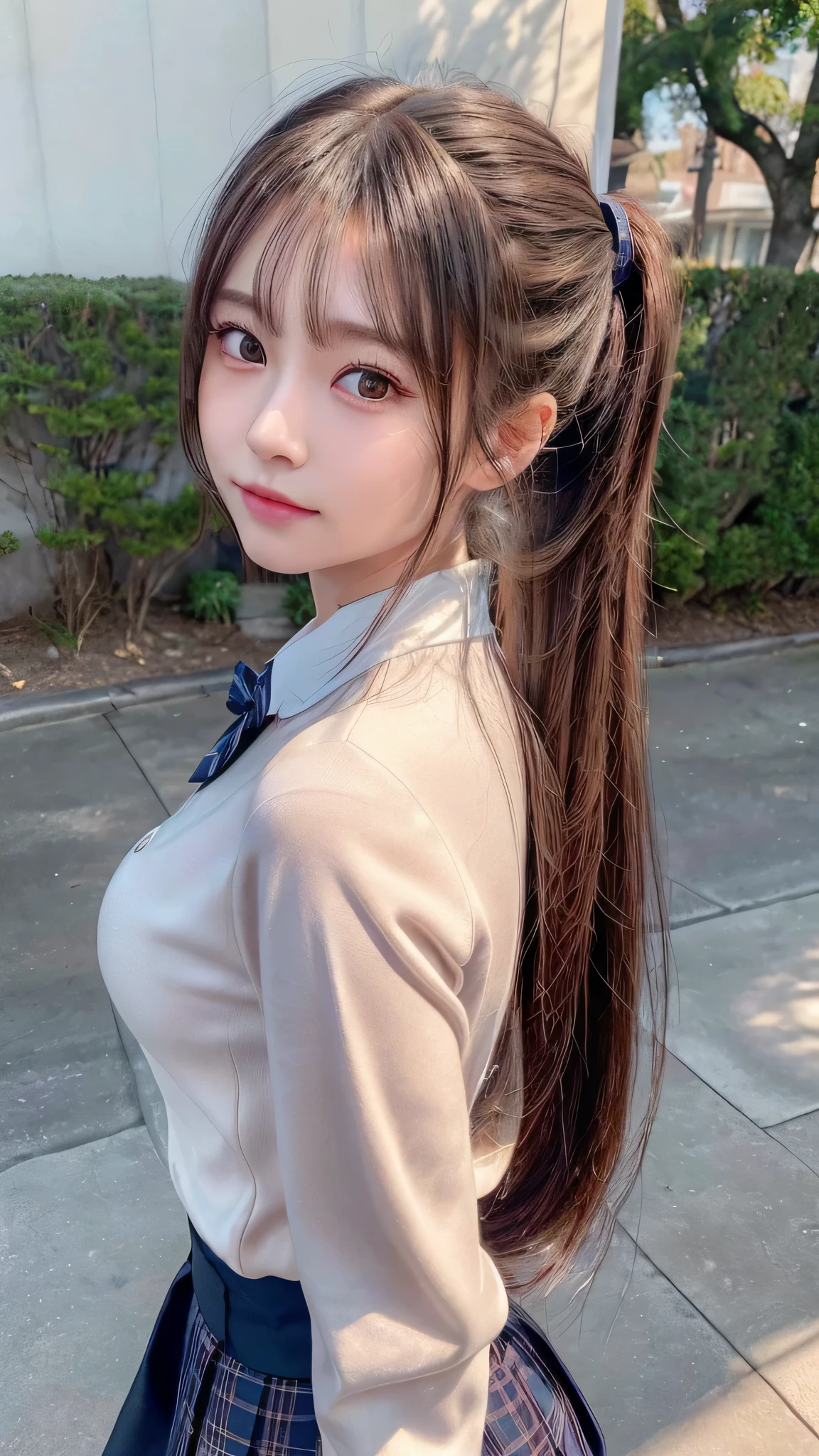 blush,16 years old,long hair ponytail,Hair is kept together,Japanese high school girls' uniforms,Blouse with white collar,Dark blue plaid skirt,Wear a dark blue cardigan,white knee socks,outdoor,chest is small,((8K, Raw photo, best quality, muste piece:1.2), (Reality, photorealistic:1.4), (Highly detailed 8K wallpaper), Depth of bounds written, cinematic lighting, soft light, detailed beauty eye,Shiny and smooth light brown ponytail, asymmetrical bangs, shiny skin, super detailed skin ,high resolution, high detail, detailed hairstyle, detailed beauty face, hyper real, perfect limbs, perfect anatomy ,1 Japanese girl,famous japanese idol, perfect female body,shy smile,short eyelashes,double-edged eyelids,look straight here,Hair style is ponytail,wear a navy blue ribbon tie, long ponytail hairstyle,Stand up straight,So that the whole body can be seen,look straight at me,chest is small,Image of the angle from below,Smile