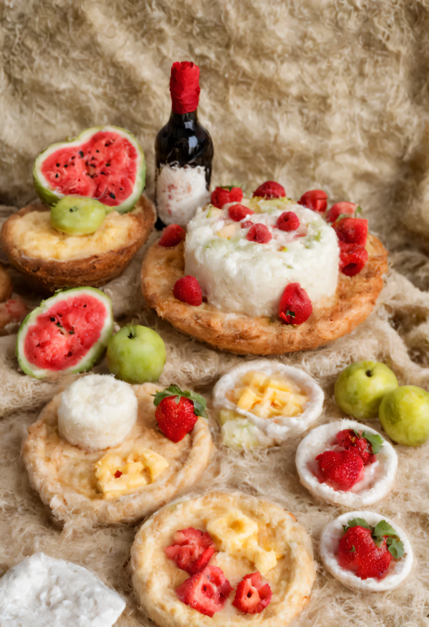 Pam Felt Picnic Blanket, fruit basket, There is cheese on the plate, Bowl of watermelon, Strawberry cake, wine glass, wine bottle, Muffins, Grass background, romantic scenes,movie shot, sharp focus,Crazy details, Winning photo,