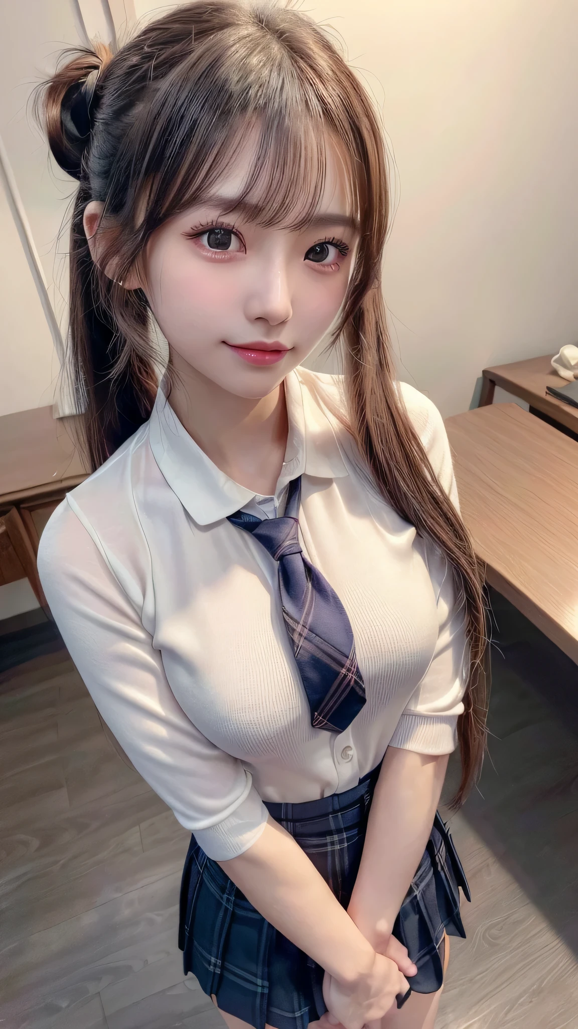 blush,16 years old,long hair ponytail,Hair is kept together,Japanese high school girls' uniforms,Blouse with white collar,Dark blue plaid skirt,Wear a dark blue cardigan,white knee socks,outdoor,chest is small,((8K, Raw photo, best quality, muste piece:1.2), (Reality, photorealistic:1.4), (Highly detailed 8K wallpaper), Depth of bounds written, cinematic lighting, soft light, detailed beauty eye,Shiny and smooth light brown ponytail, asymmetrical bangs, shiny skin, super detailed skin ,high resolution, high detail, detailed hairstyle, detailed beauty face, hyper real, perfect limbs, perfect anatomy ,1 Japanese girl,famous japanese idol, perfect female body,shy smile,short eyelashes,double-edged eyelids,look straight here,Hair style is ponytail,wear a navy blue ribbon tie, long ponytail hairstyle,Stand up straight,So that the whole body can be seen,look straight at me,chest is small,Image of the angle from below,Smile