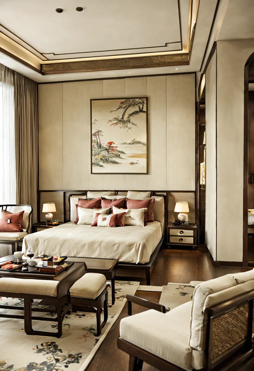 Lao Chen, Interior, Bedroom, New Chinese, couch, table, indoors, carpet, wooden floor