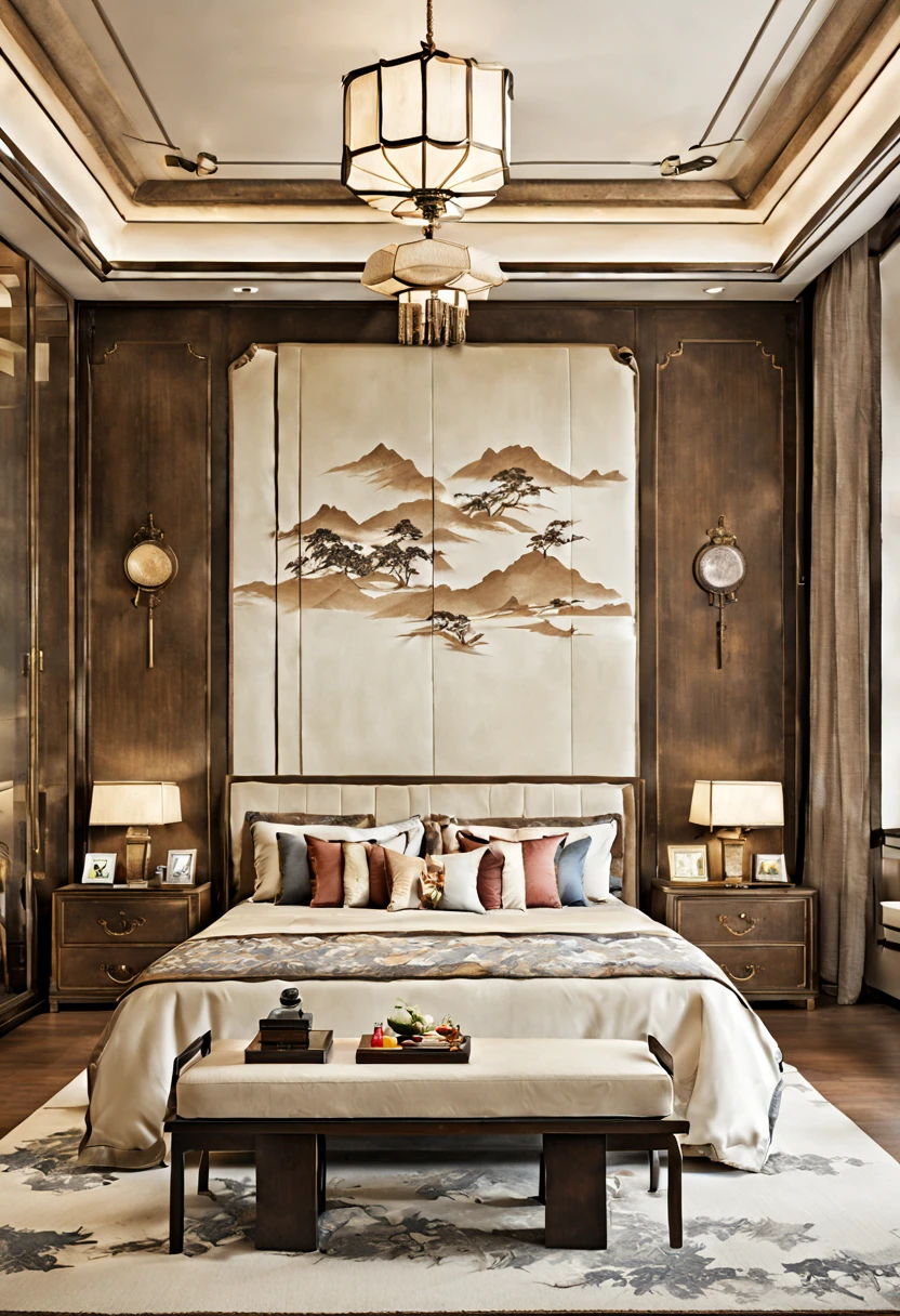 Lao Chen, Interior, Bedroom, New Chinese, couch, table, indoors, carpet, wooden floor